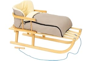 RGVERTRIEB Holzschlitten Kinderschlitten Rodelschlitten Schlitten Klassischer aus Buchenholz mit Rückenlehne mit Winterfußsack aus Holz 90cm Zugleine | 10 Farben
