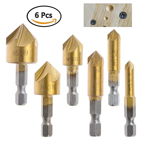 Raysen 6 Stk. 1/4 '' Sechskant Schaft HSS 5 Flöte Senkbohrer Set 90 Grad für Holz Schnellwechsel Bit 6mm-19mm