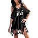 Produktbild Damen Bikini,Kleid LUCKYCAT Womens Tassel Letters Print Baggy Bademode Bikini Cover-UPS Strandkleid Damen Strandkleid Precision Bestickten Weißen Baumwoll Strand Bikini Kittel (X-Large, Schwarz)