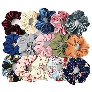 DKB Printed Hair Scrunchies Hair Ponytail Holder in Satin Solid And Valvet Fabric For Girl And Women Multicolor Set Of-15