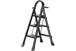 K IKIDO Escabeau pliable avec main courante, 3 marches - Antidérapant, facile à ranger - Marches larges - Convient pour la cuisine, la maison et la maison - Charge maximale : 150 kg (noir, 3 marches)