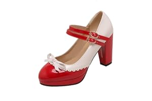HOTRA Mujer Rockabilly Pump Mary Janes con Lazo Zapato Retro de Punta Redonda con Correa al Tobillo Zapatos Oxford con Plataforma (Color : Rojo, Size : 38 EU)