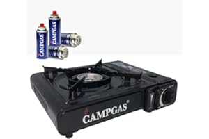 ARTWELT Réchaud à Gaz Camping Universel Gaz Portable Camp Bistro Chauffage d'appoint 1 Flamme avec Mallette de Transport Allumage Piézo Électronique et Flamme Réglable + 4 cartouches de Gaz