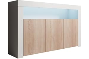 MB Muebles Bonitos | Buffet Bahut Meuble Salon Salle à Manger avec 3 Portes et LED | Dimensions Meuble: 155 x 91,5 x 37cm | Couleur Blanc et Sonoma Mat | Modèle Aker