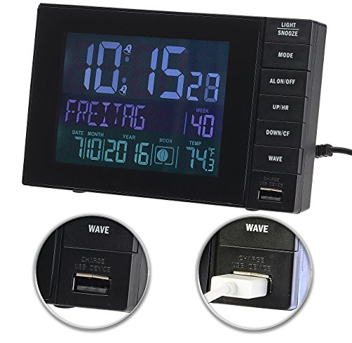infactory Funkwecker mit Temperatur-Anzeige, USB-Ladestation (2 A), 2 Weckzeiten