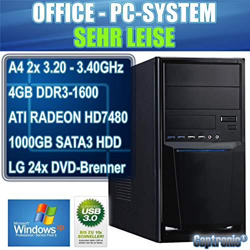 Captronic® (A4-4020-4GB-HD7480D-1TB-WinXP Pro) Windows XP Professional SP3 | DualCore Silent Office PC Front USB 3.0 AMD A4-4020 2x 3,20GHz (Turbo bis 3400MHz) | KINGSTON 4GB DDR3-1600 | 24x DVD-Brenner | 1000GB HDD SATA3 | ATI Radeon HD 7480 2GB HDMI/DVI/VGA | CardReader | 7.1 Sound | GigabitLAN | Design Gehäuse Schwarz - 2
