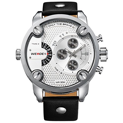 OrrOrr DualTime Quarzuhr Armbanduhr Multi Zeitzonen Uhr XXL Oversized Leder wei