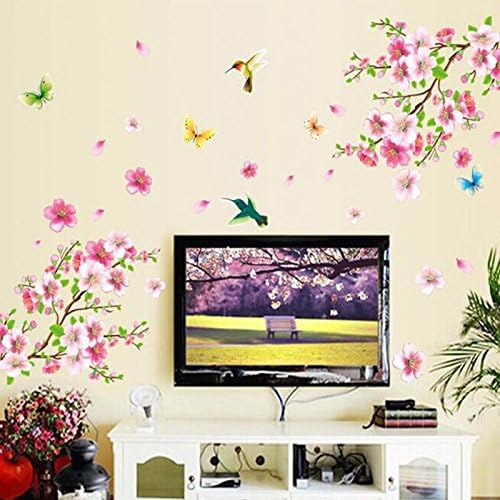 Pink Cherry Blossom Tree Wall Decal, Flower Floral Wall Sticker with Butterfly, Vinyl Art Wall Decal, Wall Decal Mural