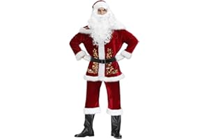 Proumhang 9 szt Bożonarodzeniowy kostium Świętego Mikołaja dla mężczyzn,Bożonarodzeniowy zestaw,Dorosła Fancy Sukienka Deluxe Velvet Santa Cosplay Kostium Czerwony