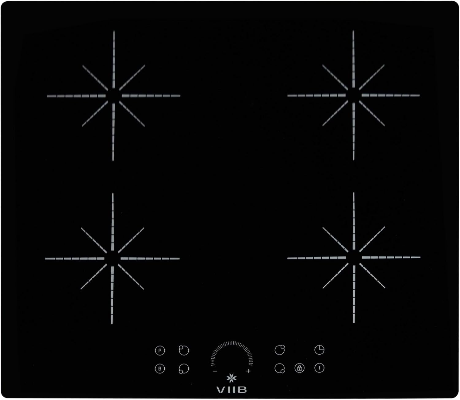 VIIB Induction Hob 60cm, 4 Zone Electric Cooktop, 7000W Built-In Hob, Hardwired Installation (No Plug), Touch Control, Booster, Timer, Child Lock, Auto Shut-Off, Black Glass – Star Burst Zone Design
