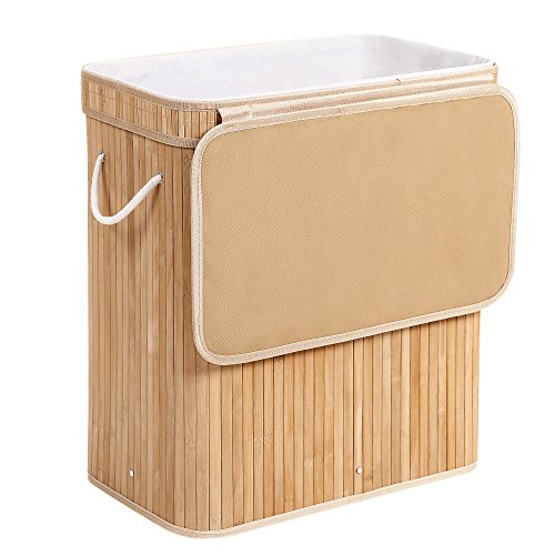 comprare on line Songmics XXL Con 3 Manici Cesto Cesta Porta Biancheria Lavanderia Foderato Pieghevole Rettangolare in Bambu 62,5 x 52 x 32 cm LCB61Y prezzo