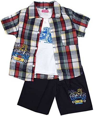 Fashion Vogue Boys 3 Piece Motorbike Check Shirt Vest Top &amp; Shorts Set Sizes from 2 to 10 Years