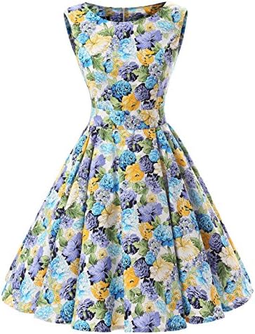 Women's 100% Cotton Sleeveless Floral Print 50s Inspired Vintage Rockabilly Party Dress (L (US8/UK12/EU40), Blue and Yellow)