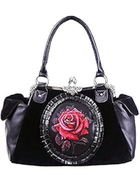 Schwarz romantisch Gothic Handtasche Tasche XL barock mit roter Rose Restyle
