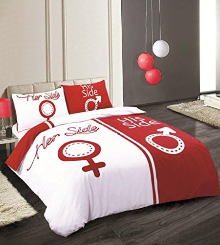 King Size Bed Red White His Side & Her Side Duvet Cover & Pillowcases Bedding Set Easy Care Polycotton