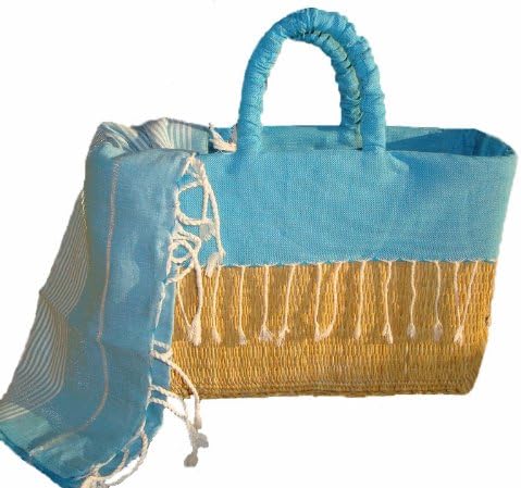 Scents and Feel Fully Lined Palm Leaf Basket with Fringes, Turquoise