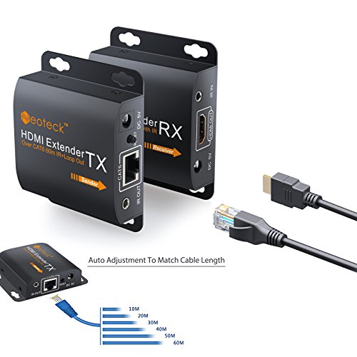 Neoteck 60m HDMI Extender mit 2 Port HDMI Splitter und IR Verlängerung HDMI loop-out für lokale Display 1080P Full HD HDMI Repeater Ethernet Netzwerk Extender über einziges RJ45 Cat6A Cat7 Kabel für Sky HD Box Laptop PC DVD PS4 - 4