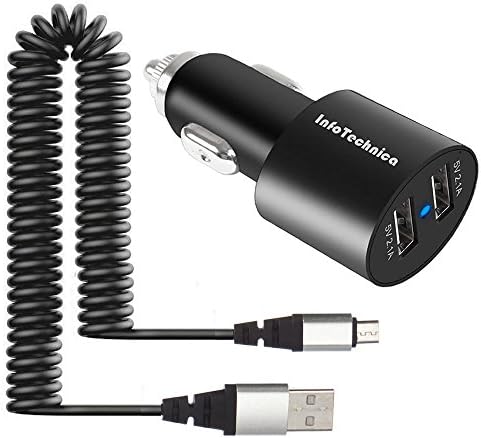 InfoTechnica High-Output 4.2A 21W Heavy Duty Rapid Car Vehicle Charger Power Adapter with Dual USB port and dedicated removable 2 meters Micro USB coiled cord for charging Samsung Galaxy S3,4 Nokia, Blackberry, HTC, LG and other devices with Micro USB charging port . Use of USB cable provides simultaneous full-Speed charge to tablets and smartphones like Samsung Galaxy, Blackberry, HTC, LG, Nokia, Motorola, MP3 players, portable video game consoles, Sat-navs, and other rechargeable electronic devices. (Cord with Micro USB connector, Black)