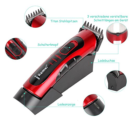 KYG Profi Elektrischer Haarschneidemaschine Haar Clipper Trimmer Haarschneider mit Ladestation und 5 Aufsätzen Rot/Schwarz - 3