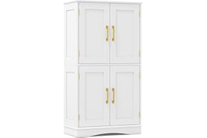 COSTWAY Bathroom Floor Cabinet, 110cm Freestanding Storage Cupboard with 4 Doors and 2 Adjustable Shelves, Wooden Bathroom Unit Side Cabinet Sideboard for Living Room Hallway Kitchen (White)