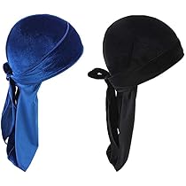 2 stuks Durag met lange staart, uniseks, Durag Men Silk Piraten bandana's met lange staart en brede bandjes voor mannen en vrouwen, de dagelijkse hiphop-decoratie (zwart marineblauw