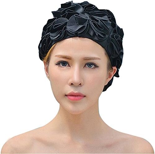 HGF Swim Hats for Long Hair Floral Petal Retro Style Bathing Caps for Women (Black)