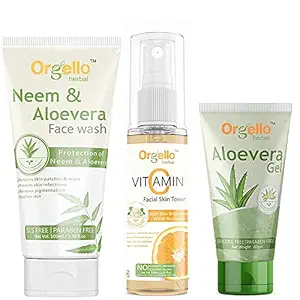 Orgello Herbal Skin care combo products kit pack - Neem & Aloevera Face Wash (1 X 100 ml) + Vitamin C Facial Toner 1 x 100 ml + Aloevera Gel for Face & Hair 1 x 60 gm for men, women, boys, girls