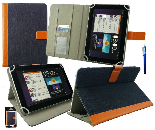 Emartbuy® Blau Eingabestift + Universalbereich ( 8 - 9 Zoll ) Denim with Tan Trim Multi Winkel Folio Executive Hülle Schutzhülle Case Cover Wallet mit Kartensteckplätze geeignet für Archos 80b Platinum 8 Zoll Tablet