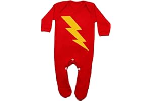 Baby Moo's SUPERHERO Baby Sleepsuit for Boys or Girls | New Cute FLASH BOLT Romper Outfit - Ideal Baby Shower, Newborn Clothes, or 1st Birthday Gift or First Costume Idea UK (3-6 months) Red