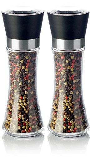 Pfeffermühle Salzmühle Gewürzmühle SET (2 STück) unbefüllt mit Keramik Mahlwerk – Echtglas Behälter (kein Acrylglas) – 200ml – Höhe 19cm – schwarz - 2