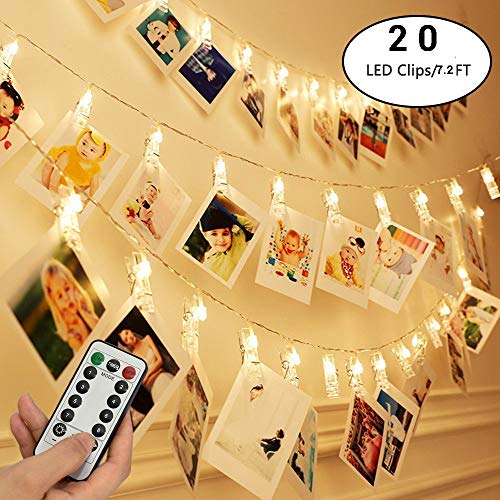 20 LEDs Photo Clips String Lights avec télécommande, Fée 7.2ft ficelle scintille lumières pour décoration de fête de mariage noël, photos suspendues, cartes. (Blanc chaud)