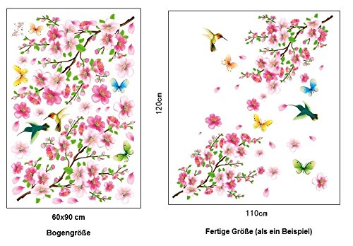 HALLOBO® XXL Wandtattoo Blumen Vogel Schmetterling Wandaufkleber Wandsticker Wall Sticker Wohnzimmer Schlafzimmer Deko - 5