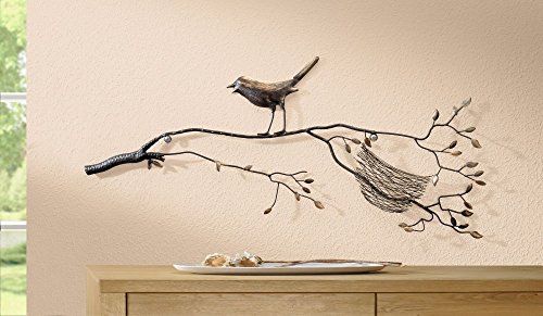 WAND DEKO "Vogel auf Ast" METALL schwarz / gold DEKORATION WANDSCHMUCK WANDBILD