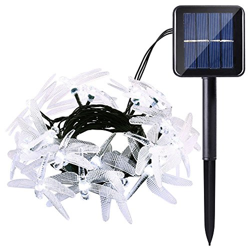 lederTEK, Solar Lichterkette 4,8m 20 LED 8 Modi Großlibellen Außenlichterkette Wasserdicht mit Lichtsensor Weihnachtsbeleuchtung, Beleuchtung für Haushalt, Außen, Garten Hochzeit, Weihnachten(weiß)