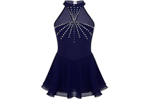 TiaoBug Vestito da Pattinaggio Artistico Bambina Abito da Balletto Body da Ballo Ballerina Skating Danza Ginnastica Leotard con Strass Tutu Senza Maniche 5-14 Anni