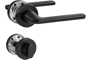 SORWDUERM Garniture de Poignée de Porte Noire en Acier Inoxydable Brossé Mat, Poignée pour Porte d'Entrée et Intérieure, Forme en L, Rosace Ronde, WC - Cylindre pour Salle d'Eau
