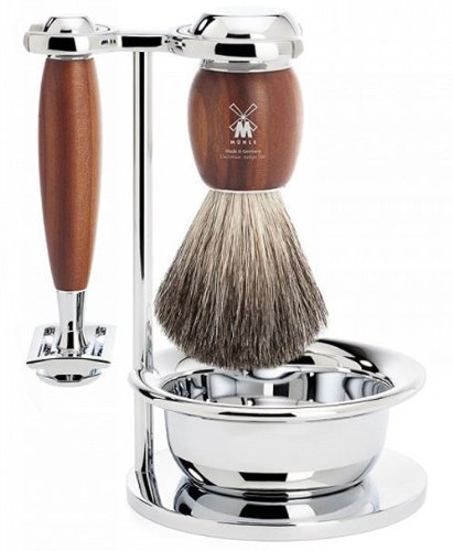 Muhle VIVO Plum Wood 4 Pieces Safety Razor Double Edge Hair Removal Set with Brush Shaving Bristles Pure Rate - No…