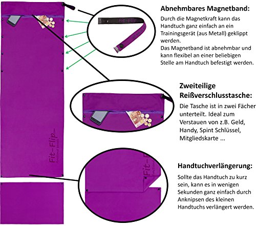 3-tlg Fitness-Handtuch Set mit Reißverschluss Fach + Magnetclip + extra Sporthandtuch | zum Patent angemeldetes Multifunktionshandtuch, Fit-Flip Microfaser Handtuch - 4