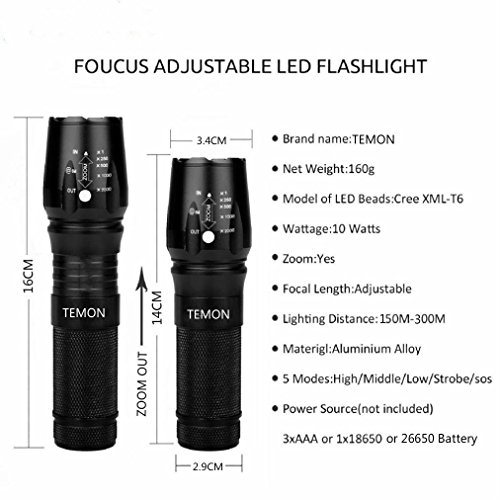 Taschenlampe LED 2000 Lumen T6, 5 Beleuchtungsmodi, Zoomable, Arbeiten für 100000 Stunden, für Innen- und Außenbereich - 4