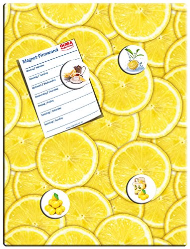 Magnettafel Zitronen – Fruchtige Design Metall Magnetpinnwand 40×30 cm – Memoboard Pinnwand Küche Essen & Trinken mit Motiv: Zitronenscheiben – inkl. 4 Magnete mit Bild Zitrone für Magnetwand – Original GUMA Magneticum® - 8