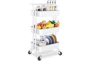 AUTUMNDEER Storage Trolley Cart - 3 Tier Rolling Utility Organizer Rack, Craft Art Cart, Multi-Purpose Organizer Shelf, Tower Rack Serving Trolley for Office Bathroom Kitchen Kids’ Room Laundry Room, White