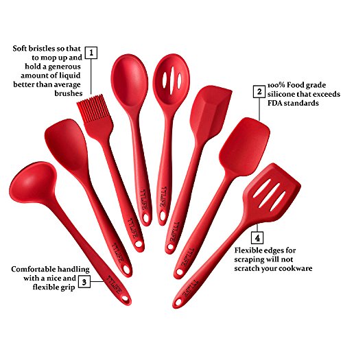 TTLIFE Silikon Küchenhelfer Set von 8 Stücke– Hitzebeständige Pfannenwender Turner, Schaumlöffel , Schöpfkelle , Löffel, Löffel Spatel, Spoonula, Küchenspatel, Basting Pinsel– Perfekt zum Kochen und Backen, Küchenzubehör, Rot - 7