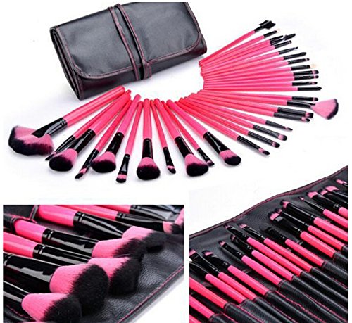 VALUE MAKERS Professional 32 pcs Makeup Brushes Kit - Make Up Brush Set - 32pcs Cosmetics Tools - Brand Make-up Toiletry Kit - Foundation Eyebrow Eyeshadow Concealer Powder Blusher Blending Lip Makeup Brush With Black Pouch Bag (Hot pink)