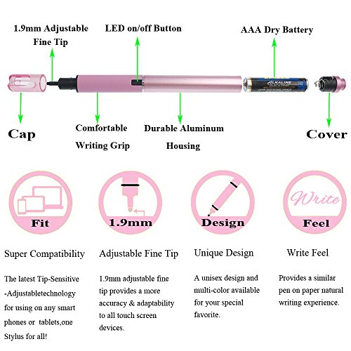 Aktiver Stylus Stift mit 1.9mm Feinspitze für iPad Mini, iPad Air, iPad Pro, iPhone 7, iPhone 6, iPhone 5, Samsung, Smart Phones & Tablets & Notebooks (Rosa) - 3
