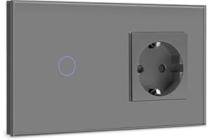 BSEED Interruptor de luz táctil con enchufe, 1 vía, 1 vía de pared, con indicador LED, interruptor de pantalla táctil empotrada con marco de cristal, 157 mm, color gris, 500 W