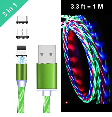 Ruibo Sike Câble USB magnétique 3 en 1, 2,4 A High Speed USB vers Micro USB Câble de Chargement - LED Fluide Vert