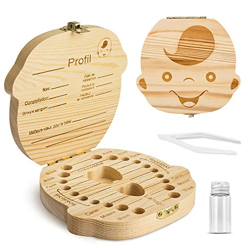 Boîte à Dents De Lait En Bois Avec Étiquette Française,Organisateur De Rangement Pour Les Dents De L'Enfant,Souvenir Et Cadeau Pour Nouveau-Nés, Enfants, Garçons Et Filles