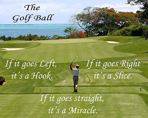 Mouse mat featuring a golf course, and "the golf ball, if it goes straight, it's a miracle!"