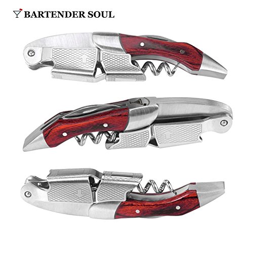 Professioneller Korkenzieher (Pakkaholz), Doppelhebel mit Dämpfung, Ausgezeichneter Wein Flaschenöffner, Auswahl an Sommeliers und Kellner, mit Folienschneider, Edelstahl aus harter 420 Grad für Bierflaschen - 4