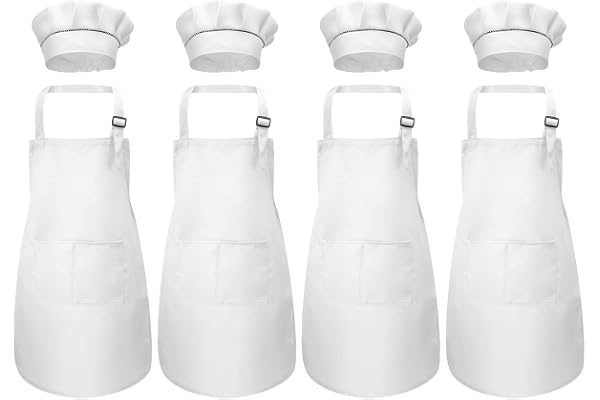 Fodlon Tablier Cuisine Enfant, Blanc Tablier Enfant et Chapeau de Chef Set pour Cuisson Peinture l'artisanat, Réglables Bambin Tablier avec 2 Poches pour Filles Garçons 6-13 Ans (4 Sets)